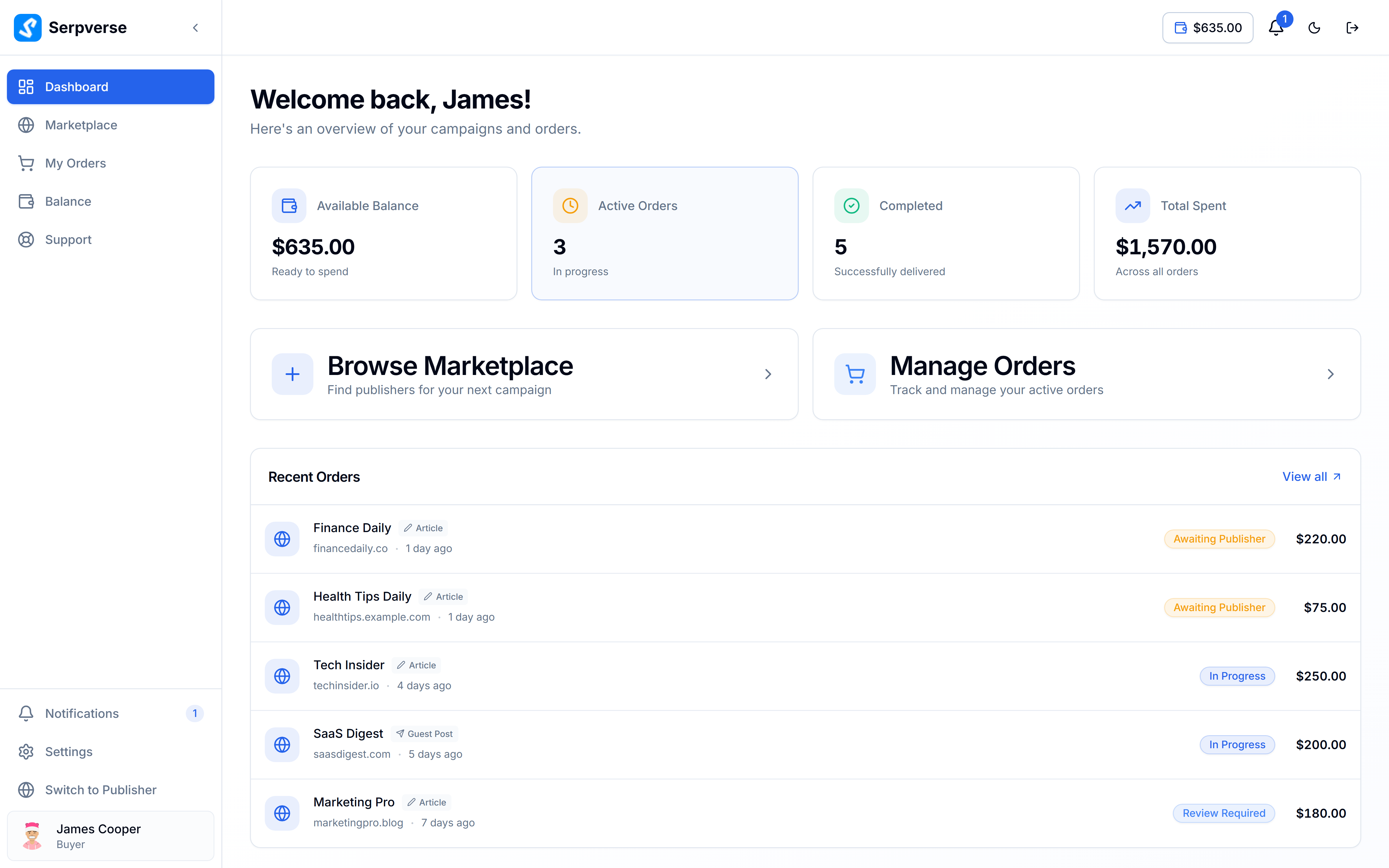 Serpverse buyer dashboard showing order tracking, content review, and marketplace browsing