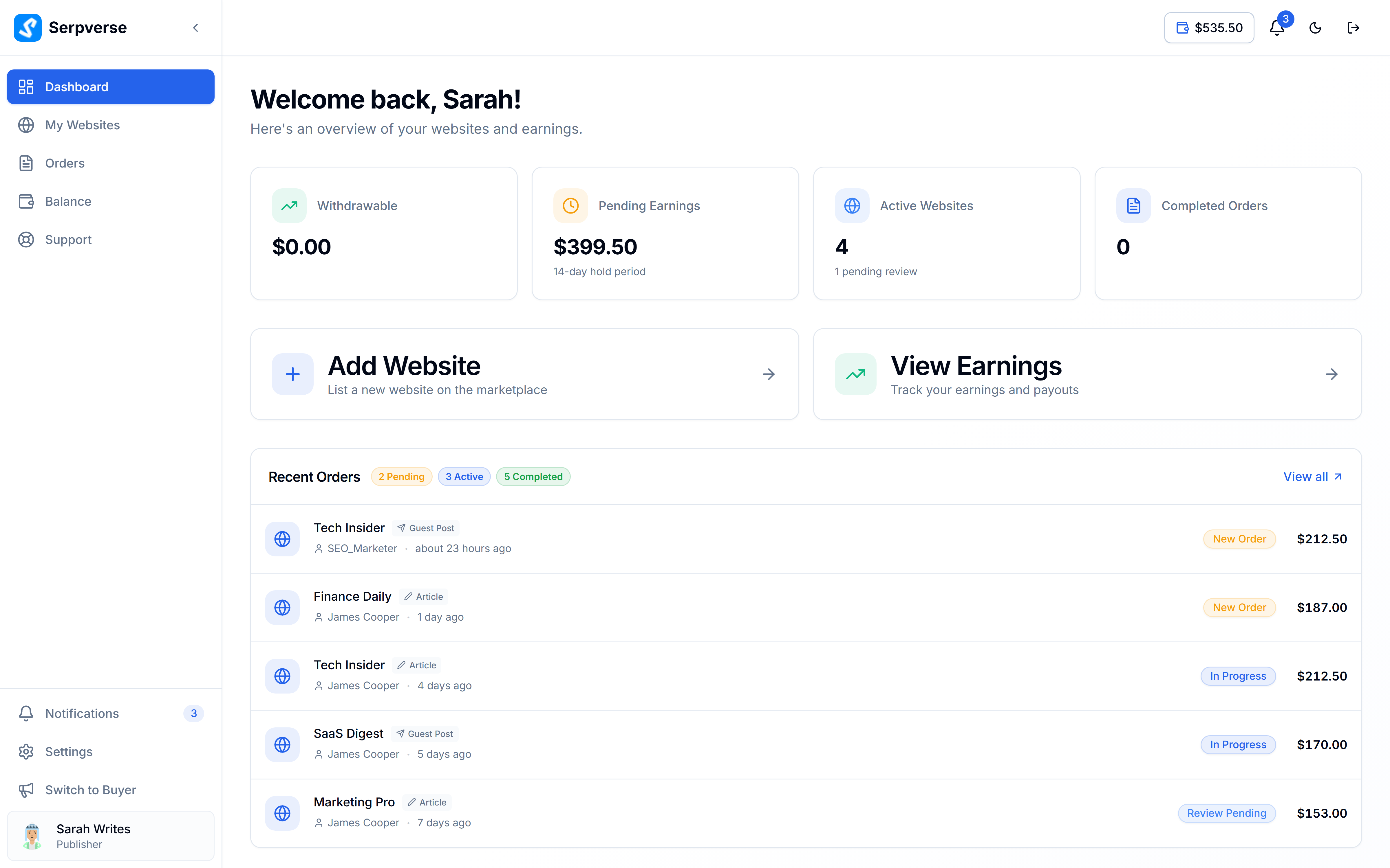 Serpverse publisher dashboard showing earnings, active orders, and website performance