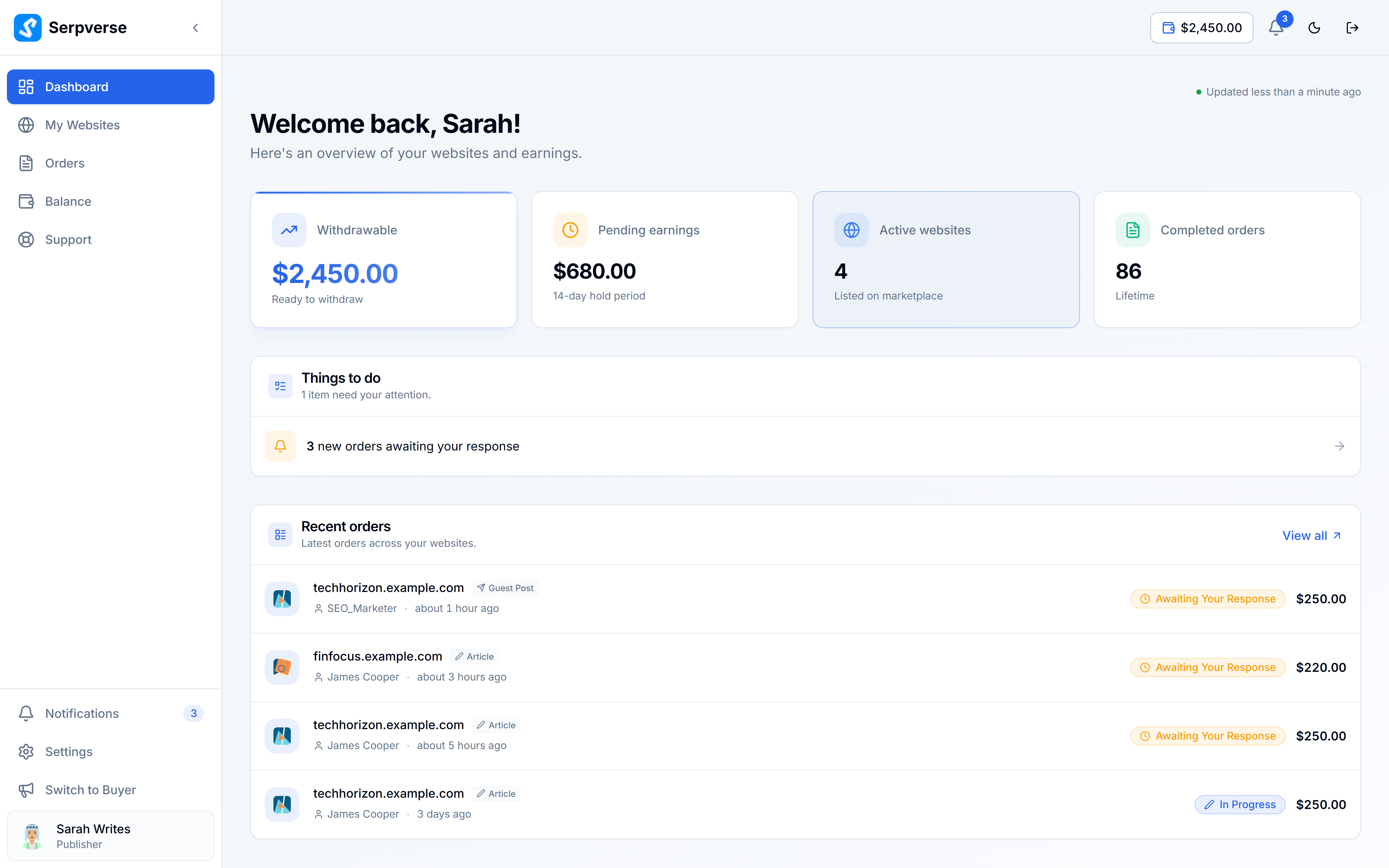 Serpverse publisher dashboard showing earnings, active orders, and website performance